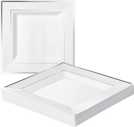 MATANA 40 Premium White Square Plastic Dinner Plates with Silver Rim, 24cm / 9 Inch - Elegant & Reusable Party Plates for Weddings, Birthdays, Picnic, BBQ, Parties