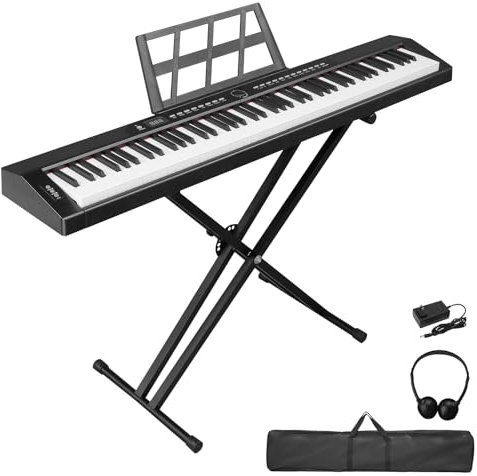 LEADZM Piano Numérique Semi-Marteau 88 Touches, Clavier Électronique avec Support en Forme de X à Double Tube, Bluetooth MIDI, Pupitre de Partition, Pédale de Sustain, Écouteurs