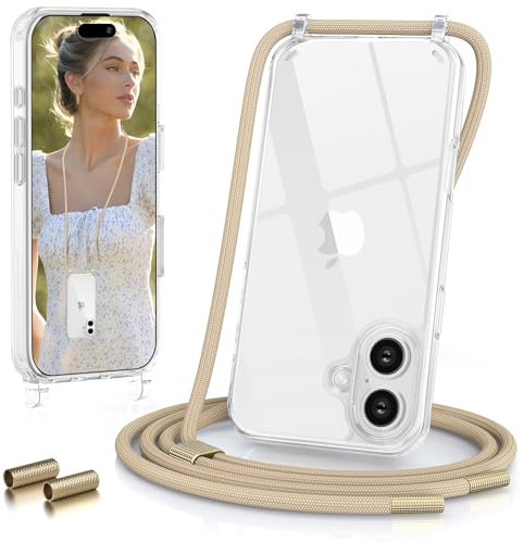 GOODVISH Handykette für iPhone 16 Hülle mit Band Transparent, Helbraun | Kameraschutz und Bildschirmschutz, Necklace Handyhülle mit Schnur Schutzhülle für zum Umhängen Case 16 mit Kordel 6.1