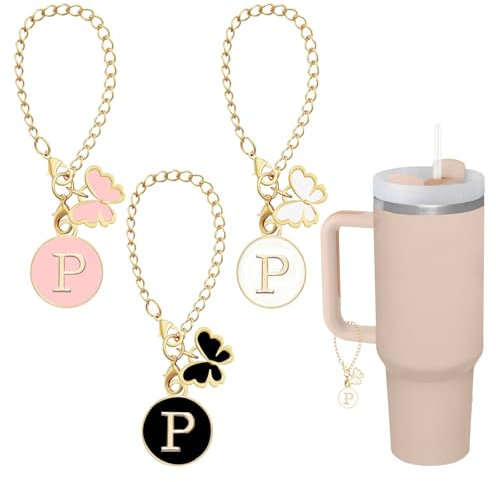 SHIXPIOV Buchstaben-Anhänger für Stanley-Cup, Perlenkette, Zubehör, Stanley-Cup, Initialen-Anhänger für Griff, Wasserflasche, Schmuck, Becher, Name-ID,Herzförmig Letter mit Schmetterlinge(3 Stück,P)