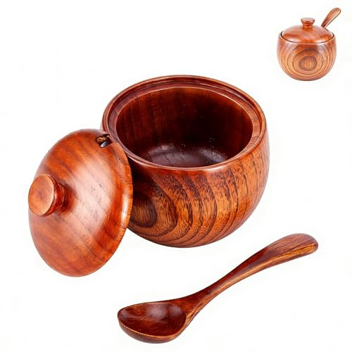 lvifloae Récipient à épices en bois boîte à sel avec couvercle cuillère boîte d'assaisonnement Vintage pot à épices récipient d'assaisonnement ustensile adapté à la cuisine