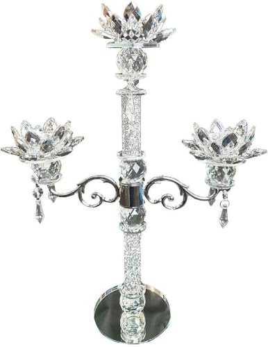 Crystal Glass Lotus Tealight Holders, 35cm, Tier, Diamond Crushed, Hanging Petals, Set of (Silver., 35cm)