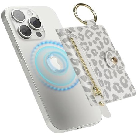 Havaya für Magsafe Wallet mit Kartenhalter für iPhone 16/15/14/13/12 Serie mit Ständer Schlüsselring mit Reißverschluss Magnetische Wallet - Weißer Leopardenprint
