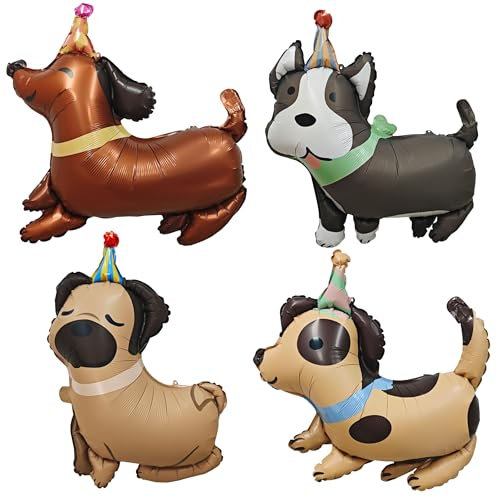 Hund Luftballons Geburtstag, 4 Stück Tiere Luftballon Geburtstag, Hund Folienballon, Tiere Ballon Dekoration, Welpen Folienballon, Party Ballon Tiere, Welpe Luftballon Dekoration(A)