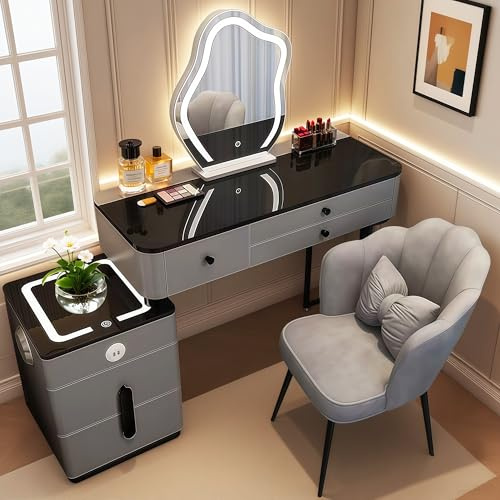 Schminktisch mit Beleuchtung Modern, Frisiertisch mit Kabelloser Ladestation und Bluetooth-Lautsprecher, Schminktisch mit Hocker,6 Schubladen für Kinder MäDchen Geschenk, Grau.