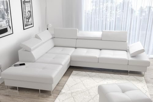 Ecksofa Galaxy 225x280 cm aus Echtleder – Ledersofa mit Schlaffunktion und Bettkasten, verstellbare Kopfstützen und Armlehnen, Eckcouch rechts oder Links wählbar – modernes Design (Weiß, Links)