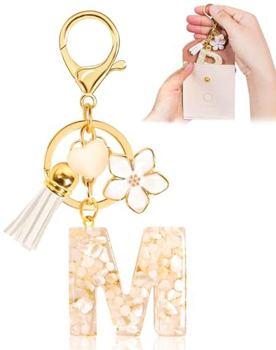 Porte-clés pour Fille Lettre, Porte-clés pour Femme avec Lettre Initiale, Alphabet Pendentif Initiale en Résine, Keyring avec Pendentif Amour et Pampille, Cadeau pour Femme Beige-M