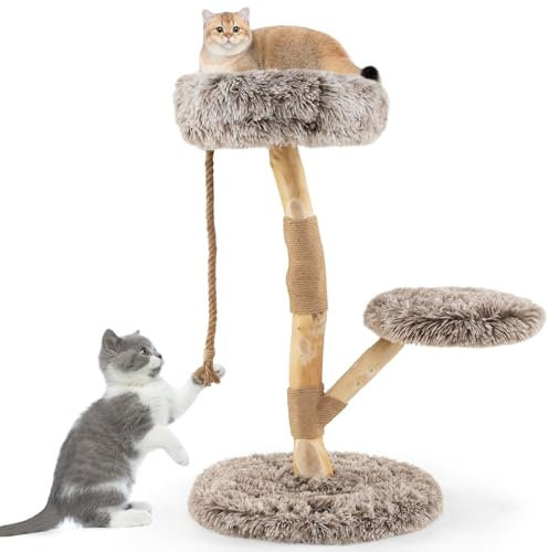 COSTWAY Arbre à Chat, Arbre a Chat Bois de Poirier, 3 Plateformes, Poteaux à Griffer en Jute, Corde en Jute, Tissu Peluche, Tour pour Chaton à 3 Niveaux, Chaque Charge 10 kg, 50 × 50 × 90 cm (90 cm)