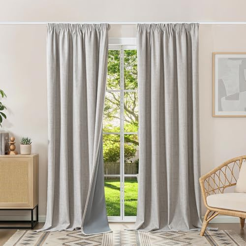 Runyéla 100% Verdunklungsvorhänge Thermovorhänge Kälteschutz Gardinen mit Kräuselband 260 x 140 cm (HxB) 2er Set Leinenoptik Vorhänge Blickdicht Grauweiß, Schiebegardinen Wohnzimmer Curtain