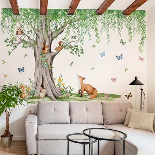AMIGO Wandtattoo Dschungel Tiere Baum Zweig Wandaufkleber Fuchs Eichhörnchen Schmetterling Kaninchen Wandsticker Kinderzimmer Babyzimmer Wohnzimmer Wanddeko