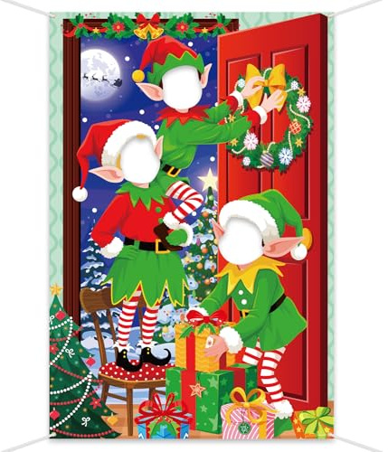 DPKOW Lustiges Weihnachtsbanner Elfen Gesicht Fotobanner Weihnachtsparty Deko, Weihnachts Foto Requisiten Zubehör, Weihnachtsdeko Weihnachtsgesichtsspiel Elfen Banner Dekorationen, 150x100cm