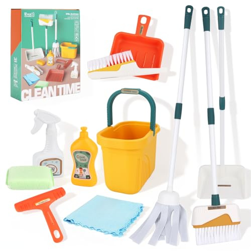 Kinder Besen Set,Kinder Reinigung Set,Haushaltsspielzeug Rollenspiele Set inkl.Besen Mop Lappen Kehrblech Handfeger Eimer Seife,Spielzeug für die Hausreinigung, Kinder ab 2 3 4 5 Jahre
