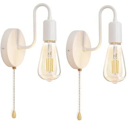 JZCDR 2 Stück E27 Wandleuchte mit Zugschnur Weiß Edison-Stil Vintage Industrial Wandlampe mit Schalter Schlafzimmer Wohnzimmer Beleuchtung Wand