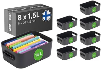 SmartStore Aufbewahrungsbox 8× 1.5 L | Klein S Aufbewahrungskorb mit Griffen für Küche, Badezimmer, Büro-Organizer, Regal Kunststoffbox | Blau Organizer mit 10 Jahren Garantie| L20 × W14 × H7.5 cm