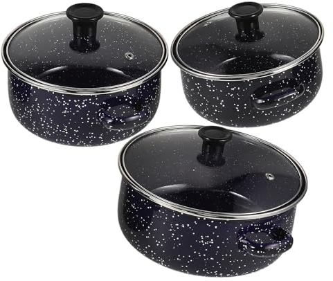 Veemoon Juego de Ollas Esmaltadas Mini 3 Piezas con Doble Asa Fondo Plano para Cocción Uniforme Color Azul Ollas Pequeñas para Sopa Guisos y Cocina Diaria