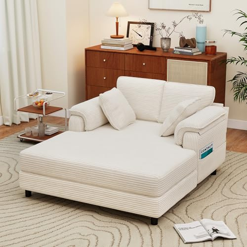 Winlice WinliceSchlafsofa 140x150 cm Breit, Cord Zweisitzer Chaiselongue Gästebett mit 4 Aufbewahrungstaschen & 2 Kissen, Waschbar & rutschfest, Holz-Eisen-Gestell, Beige