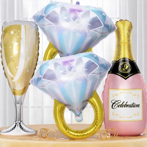 Diamond Ring Balloons Champagne Bottle Wine Glass Foil Balloons for Bachelorette Engagement Bridal Shower Wedding Proposal Marriage Anniversary Just Engaged Married Celebration Party Decorations