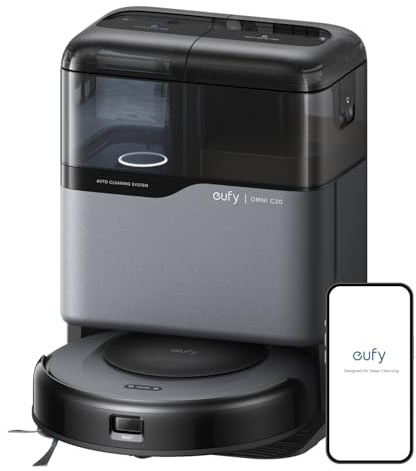 eufy Robot Vacuum Omni C20, 7,000 Pa, 60 Days Self Emptying, Auto Mop Washing, Auto Drying, 3.35 Ultra Slim, Transparent Tanks, Robot Vacuum and Mop Combo