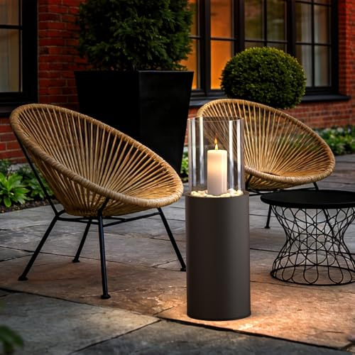 2 IN 1 Standkamin 81CM Tischfeuer Indoor Windlicht säule Großer Kerzenständer Rund Windlichter Glas Feuersäule Outdoor mit Dekosteinen und Regenschutz für Garten, Balkon, Wohnzimmer
