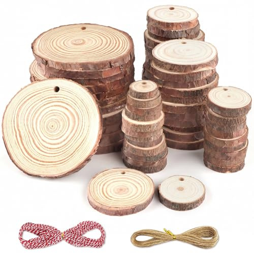 60 Stück Holzscheiben Holz, 1-3cm/4-5cm/7-8cm Durchmesser mit Loch Rund | Baumscheiben zum Basteln mit 2 Seil, Ca.5mm Dicke, Natürliche Kiefernholz Holzscheiben für DIY-Kunst Weihnachten Dekoration