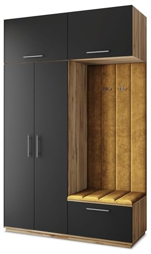 Masseno Flugarderoben Set Rema, Kleiderschrank-Set mit Sitzbank, Garderobenschrank Flur mit 5 Regalböden, Eiche Wotan/Schwarz