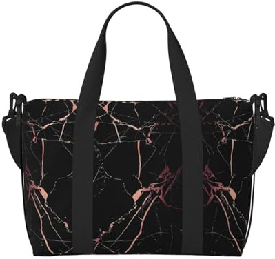 Black Rose Gold Marble Printed Travel Bag: Large Capacity Gym Sports Tote: Weekend Business Trip Crossbody Shoulder Bag: Lightweight Durable