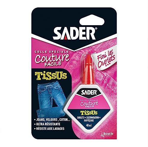 Sader Colle Spéciale Couture Finis les Ourlets – Colle Tissus et Textiles : Jeans, Cuir, Coton, etc – Ourlets, Customisation, Rapiéçage – Résiste aux Lavages – Flacon 40 ml