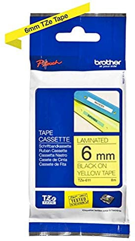 Brother TZe-611 Labelling Tape Cassette, 6 mm (W) x 8 m (L), Laminated, Brother Genuine Supplies - Black on Yellow