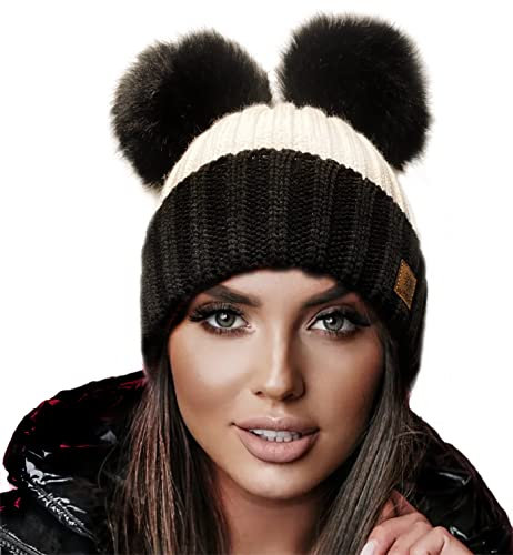 4sold Miki Farbe Damen Wintermütze Wolle Strickmütze Mit Doppelten Pom Pom Cap Ski Snowboard Bobble (White Black)