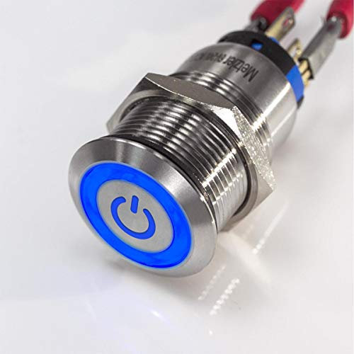 Flacher - LED-Druckschalter - On/Off Power Symbol - Durchmesser Ø 19 mm - aus V2A Edelstahl - staub- und wasserdicht nach IP67 Schutzstandard AC/DC - witterungsbeständig und langlebig - Blau