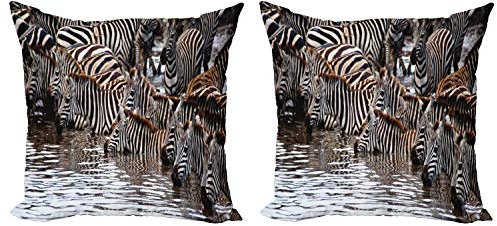 ABAKUHAUS Tierwelt Kissenbezug Set (2Stück), Zebra GNU-Herde, doppelseitiges Digitaldruckdekor mit Reißverschluss, 50 cm, Weiß, Schwarz, Braun