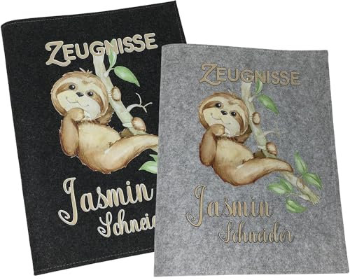 Zeugnismappe mit Namen - Mädchen und Jungen - Personalisiert Filz A4 Faultier - Dokumenten Urkunden Mappe Kinder - Hefter Zeugnisse - Sichtbuch