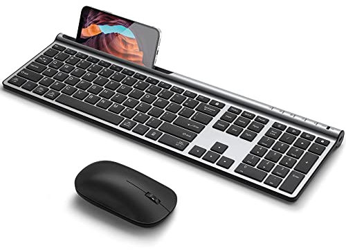 Chesona Ensemble clavier et souris sans fil Bluetooth rechargeable pleine taille (Bluetooth 5.0 + 3.0 + 2.4G) pour Mac OS/iOS/Windows/Android (noir argenté)