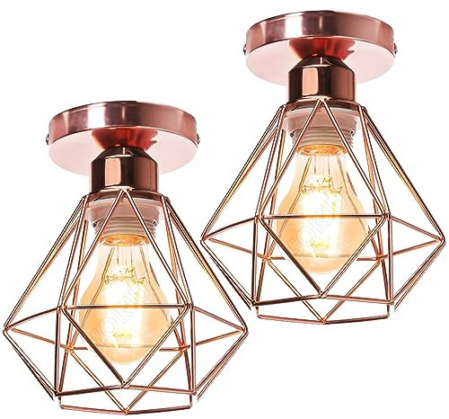 TOKIUS Plafonnier Industriel Vintage Luminaire E27 Rétro Lustre Suspension Design Métal Cage Ø160mm éclairage plafond Pour Salon Cuisine Chambre (Or rose-PL-2)