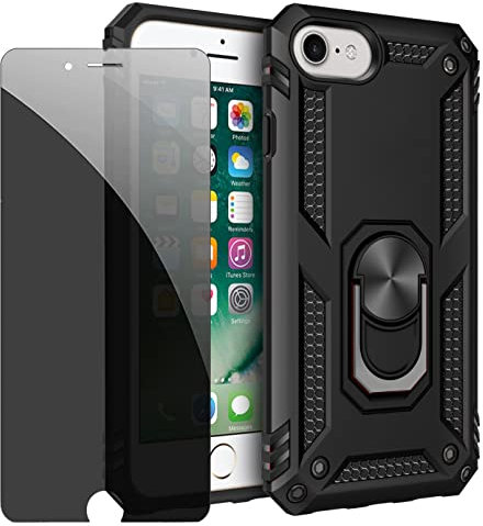 JOYTAG Compatible with iPhone SE 2020 case Black cover with Privacy Screen Protector Anti-Spy Tempered Glass Film ring magnetic Holder Shockproof Tough Armour Silicone 360 degree phone cover