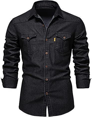 LAIYUTING Elastisches Baumwoll-Denim-Hemd Herren Langarm Cowboy-Hemden für Herren Casual Slim Fit Kleidung
