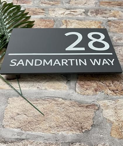 One of a Kind Design UK Personalised Contemporary House Sign 240x148mm, Personalised Address Number Plate, Matt Grey or Matt Black Acrylic, Nine Coloured Backing Available - Grey