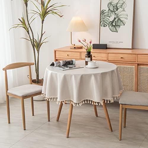 PUDSIRN Tischdecke, Polyester wasserdichte Tischdecken, Rechteck Falten freie Quaste Tischwäsche für Küche Essen, Party, Urlaub (Runden140 cm, Beige)
