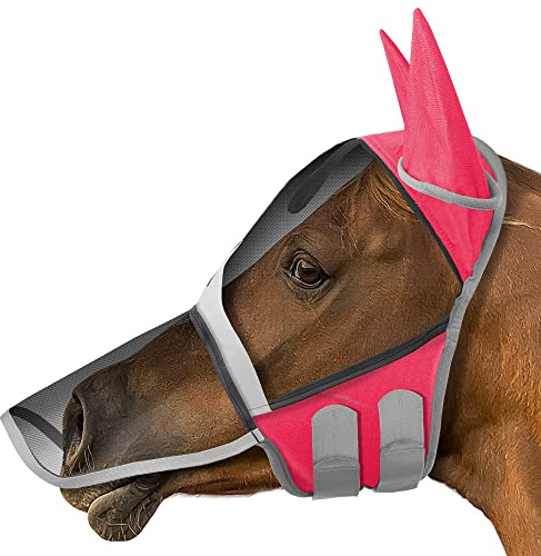 SmithBuilt Comfort Fly Mask with Ears and Long Nose for Horses (Pink, Pony) - Fleece Padding, Fine Mesh, UV Protection