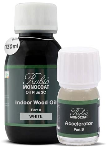 Rubio Monocoat Oil Plus 2C Wood Finish, 5 m² - White | Quick-Dry, Eco-Friendly Linseed Formula for Indoor Surfaces | Includes Accelerator (Part B) | Protector | 130 ML