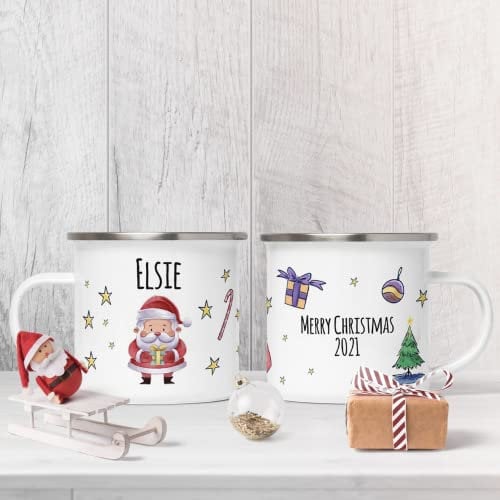 WOWZ DESIGN & PRINT DESIGN LTD Personalised Christmas Santa Enamel Tin Mugs, Secret Santa Children Gifts, Christmas Eve Mug, Stocking Filler, Hot Chocolate Custom Printed Mug