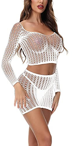 JFAN Lenceria Femenina con Fishnet Dress Mini Ropa Interior de Dormir Malla Lingerie Mujer Blanco Talla única
