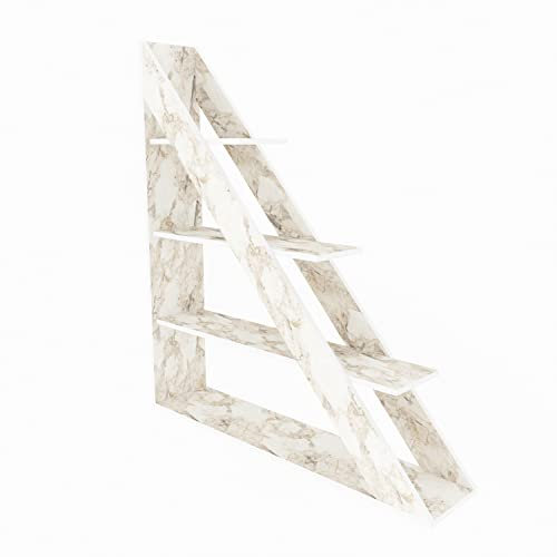 DECOROTIKA - Pisagor Geometric Corner Bookcase, Bookshelf, Shelving Unit, Display Unit, Unique Design (White Marble Effect)