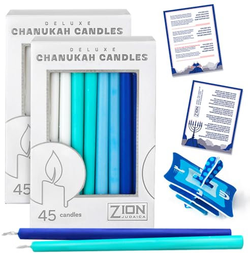 Chanukkah-Kerzen für Menora Box mit 45 Stück, mehrblau, Wachs, Chanukah-Menorah-Kerzen mit Gebetskarte & DIY-Dreidel – passend für die meisten Menora – genug für alle 8 Nächte – von Zion Judaica