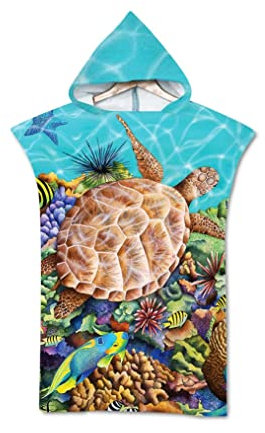 YATOLA Handtuch-Poncho Meerestiere Schildkröte Umziehhilfe Handtuch, Surf Poncho für Damen Herren, Bademantel mit Kapuze Badeponcho Badetuch für Schwimmen Sport Surfing Tauchen (Blau2 75x65CM)