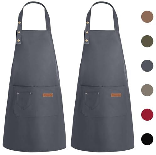 WENYA Paquete de 2 delantales de cocina para mujer, delantales de cocina unisex ajustables con bolsillos, delantal de lona impermeable para cocina del hogar, restaurante, cafetería, gris, Talla única