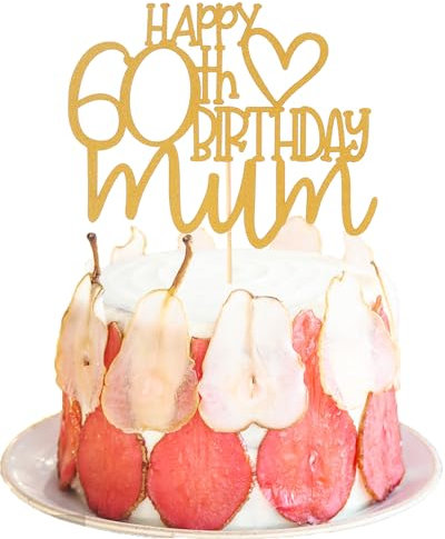 Happy 60th Birthday Mum Cake Topper - Happy Mothers Birthday Party Decorations Gold Glitter, 60th Birthday Cake Decoration