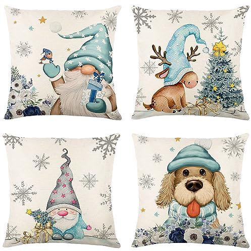 4 Stück Weihnachtskissenbezug Leinen, Weihnachtskissen Nostalgie 45x45cm, Weihnachten Deko Innen, Kissenbezug Weihnachten, Weihnachtsdeko Amerikanisch Kissen Bezug für Sofa Schlafzimmer Bett Auto (B)