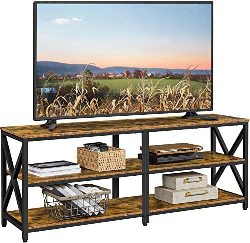 Yaheetech Meuble TV Banc TV en Bois pour TV jusqu'à 70 Pouces avec 3 Étagères, Meuble de Rangement pour Salon Chambre, Industriel, 160 × 40 × 61,5 cm, Brun Rustique
