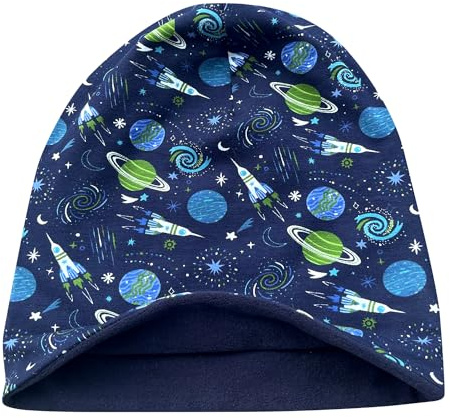 Wollhuhn Öko Warme Winter Jungen/Mädchen/Kinder Long Beanie Mütze Mit Fleecefutter Versch. Motive (aus Öko-Stoffen, Bio) 20220666 (Space/Weltraum Dunkelblau, S)